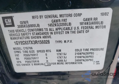 2003 Cadillac Escalade Standard from USA, damaged, VIN 1GYEC63TX3R156028